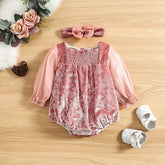 Dusty Pink Velvet Bodysuit Romper for Baby Girls , Color - Pink.